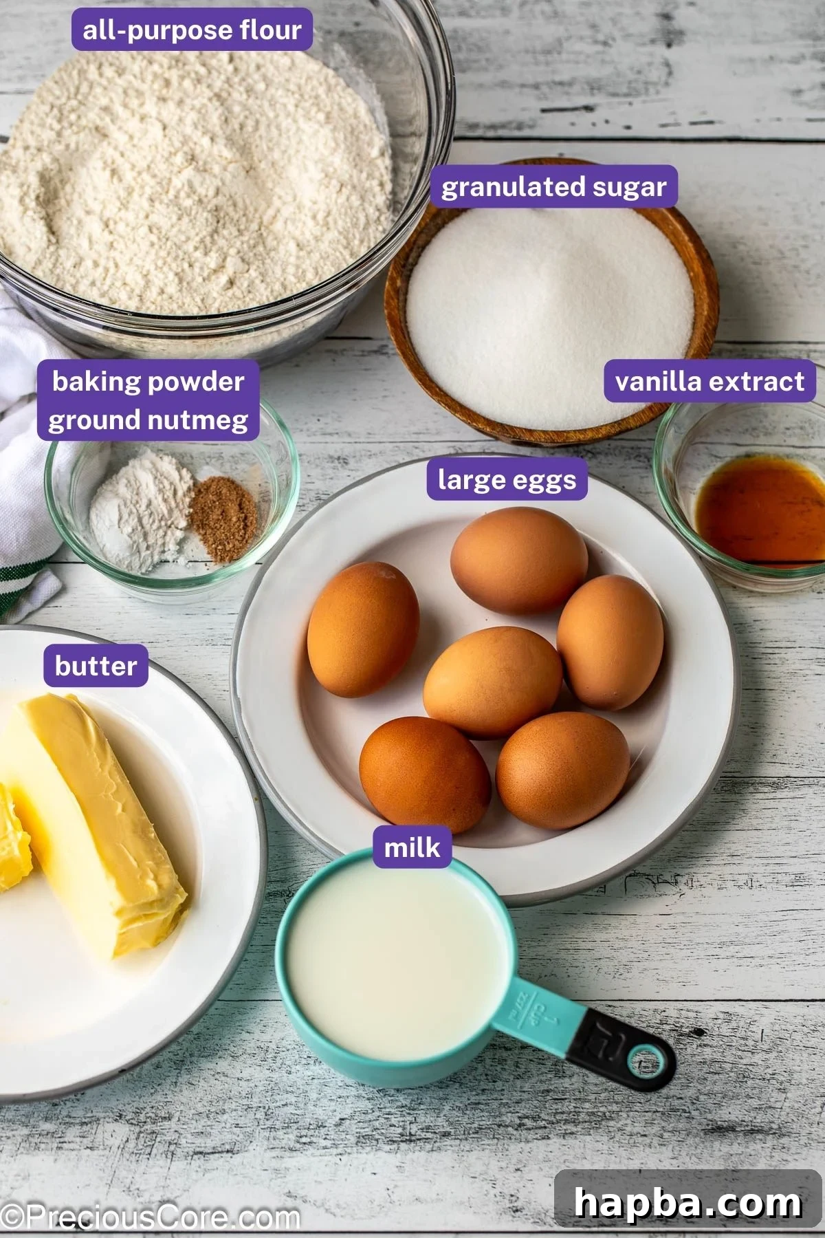 All the essential plain cake recipe ingredients neatly arranged with clear labels for easy identification.
