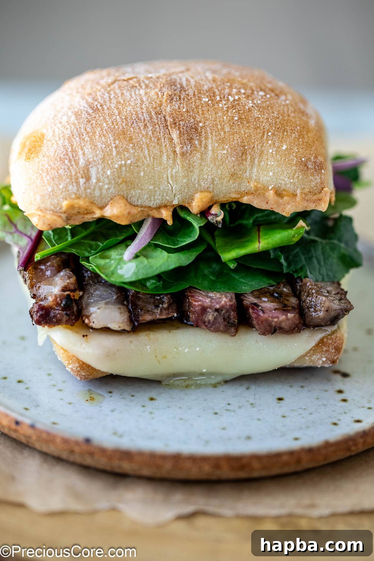 Ribeye Steak Sandwich with greens and onions, showcasing a delicious homemade meal.