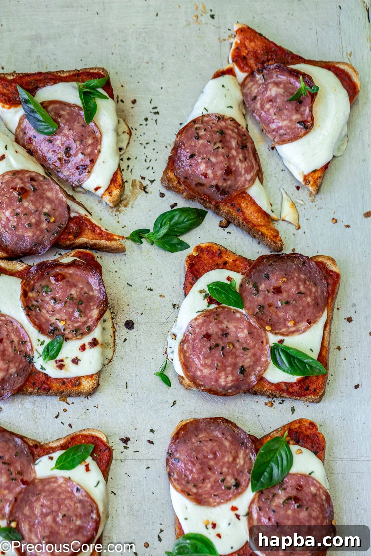 Crispy pizza toast garnished with fresh basil leaves, ready to be enjoyed.