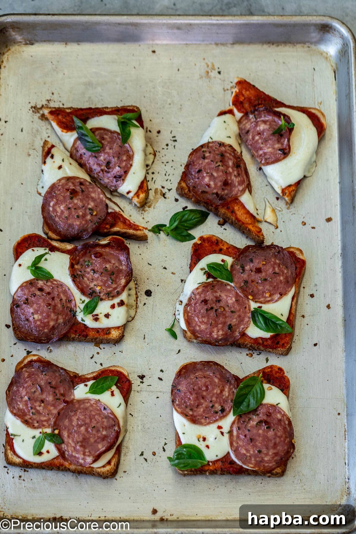 Delicious pizza toasts neatly cut into triangles, arranged attractively on a platter.