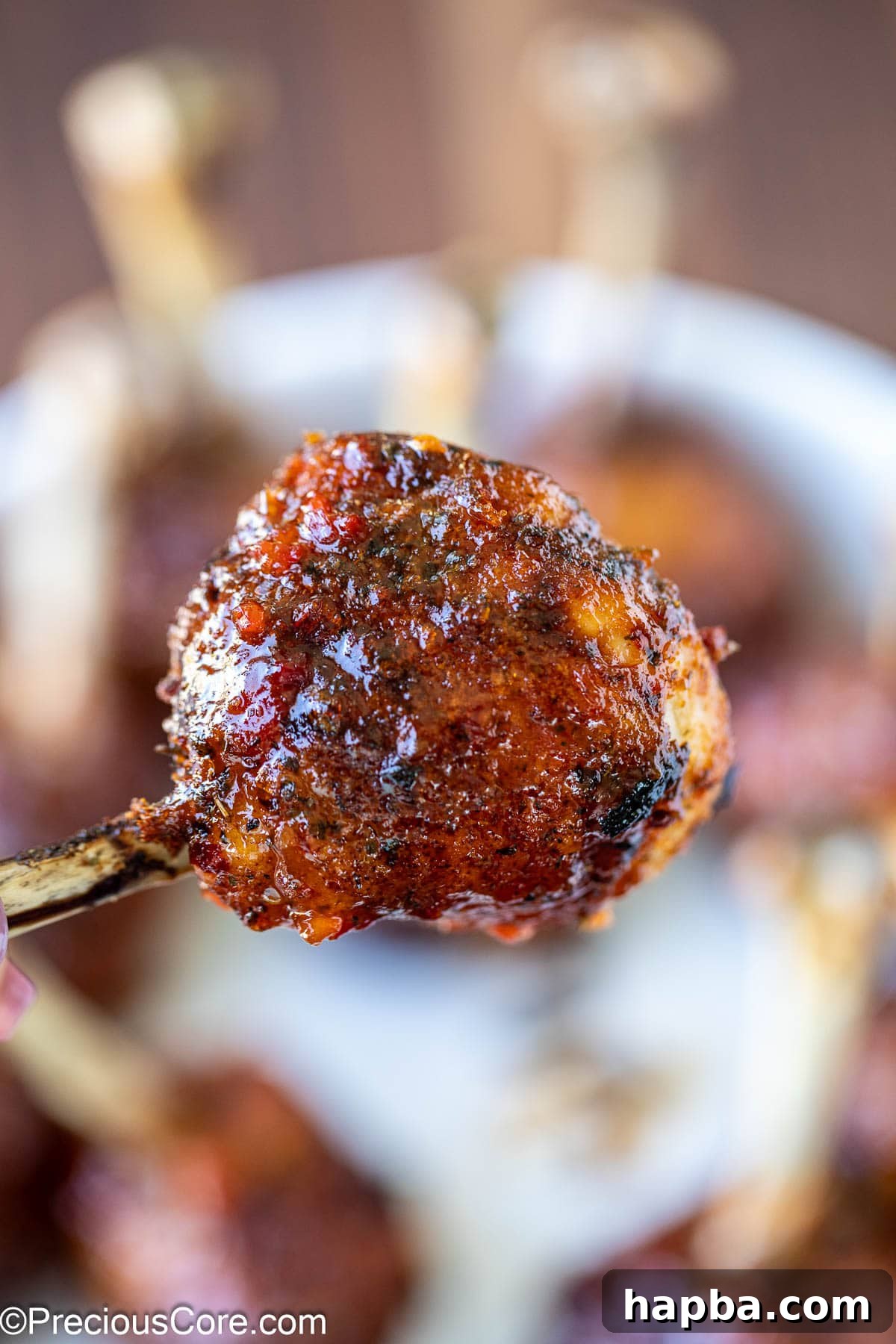 A chicken drumstick lollipop, beautifully glazed and ready for dipping.