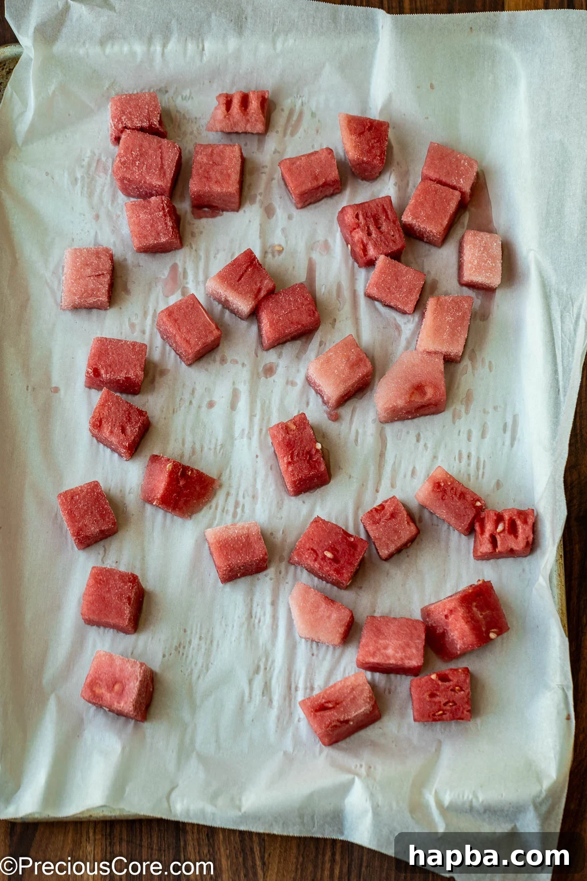 Watermelon cubes on a parchment-lined sheet pan.