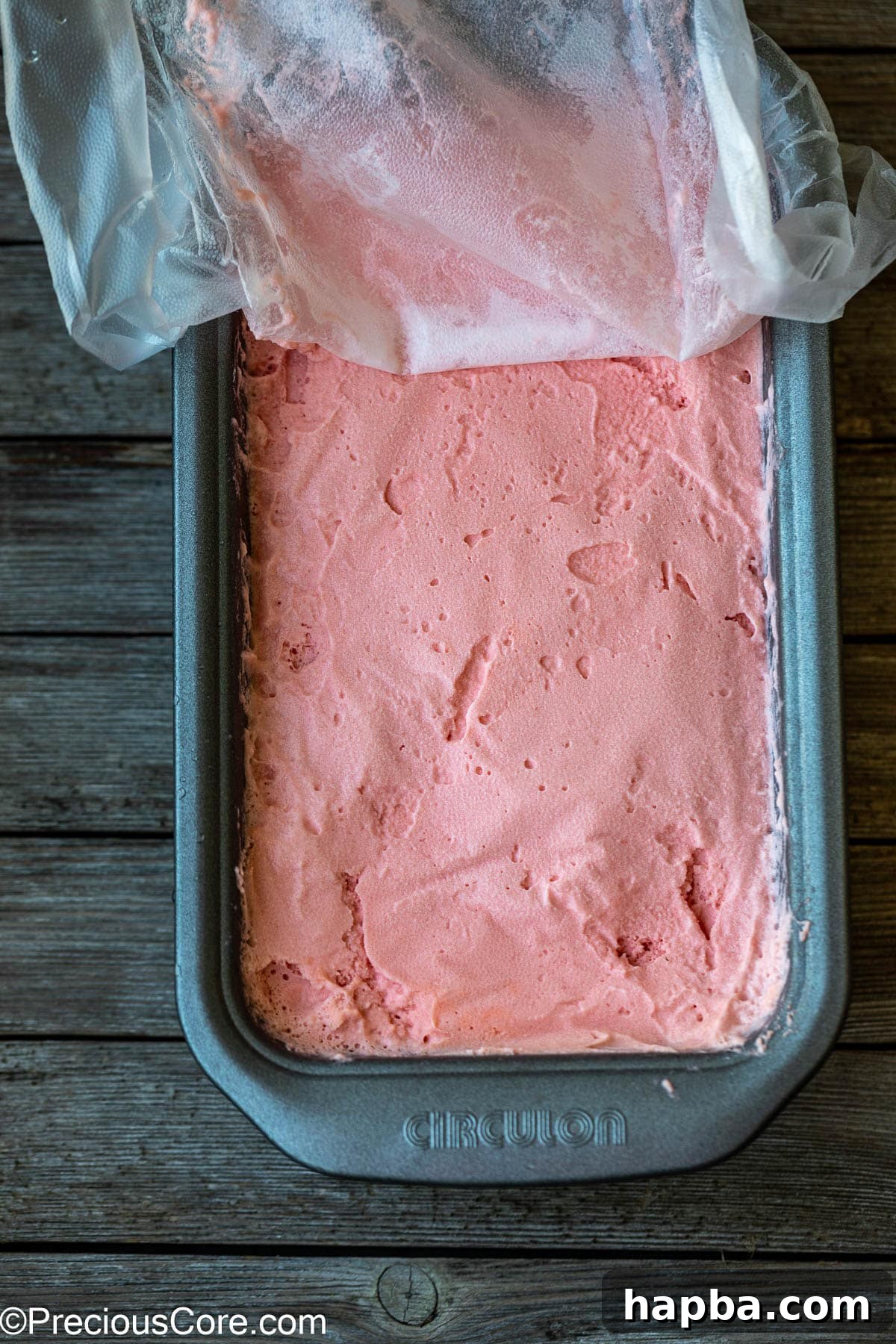 Watermelon ice cream after freezing.