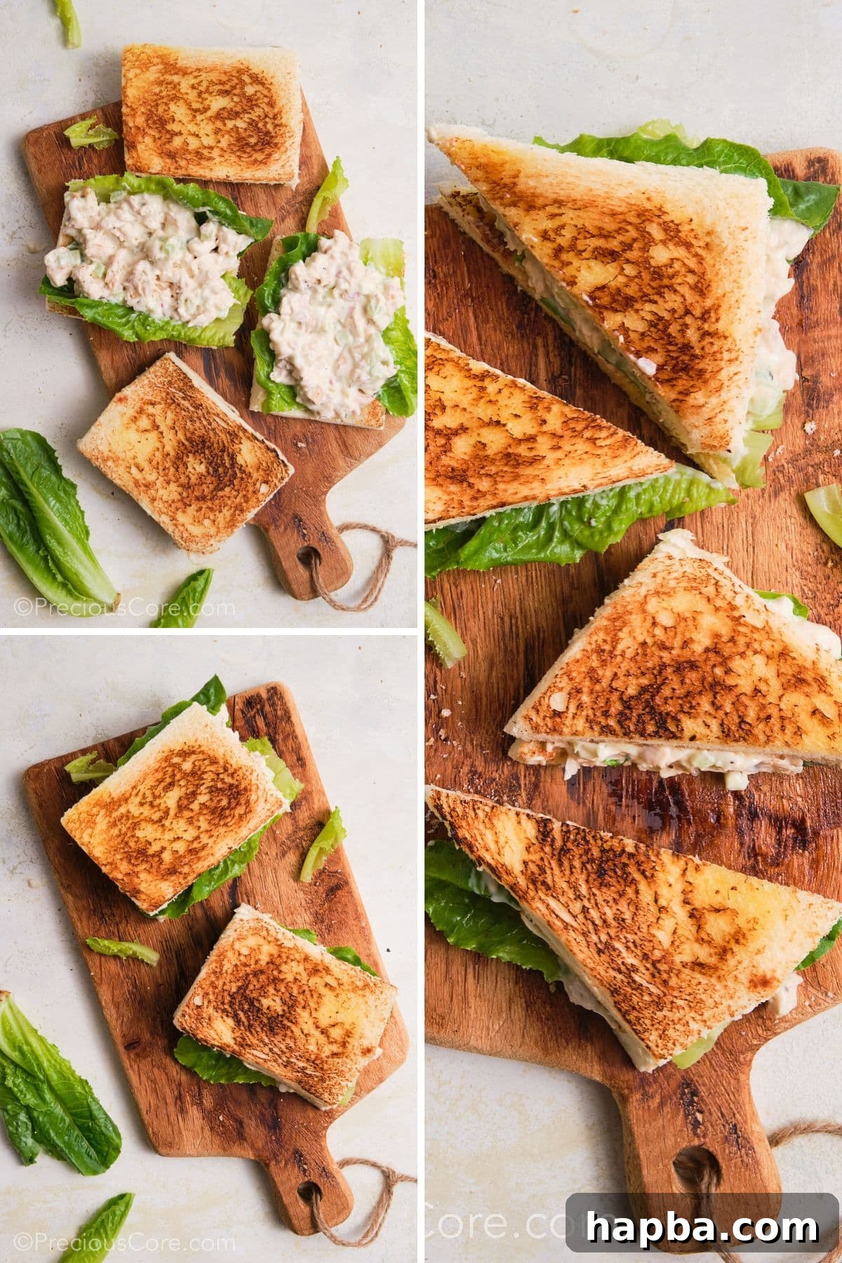 Classic Creamy Chicken Sandwich 13 Assembling chicken mayonnaise sandwiches: layering lettuce and creamy chicken filling between toasted bread slices.