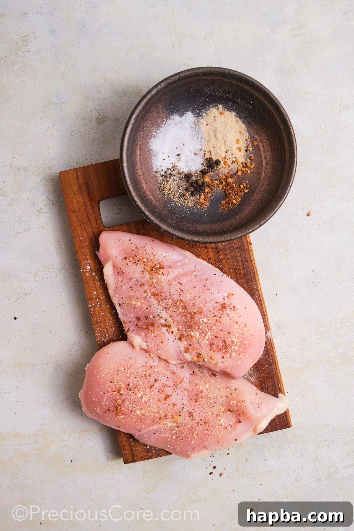 Classic Creamy Chicken Sandwich 7 Seasoning raw chicken breasts on a clean chopping board before cooking.