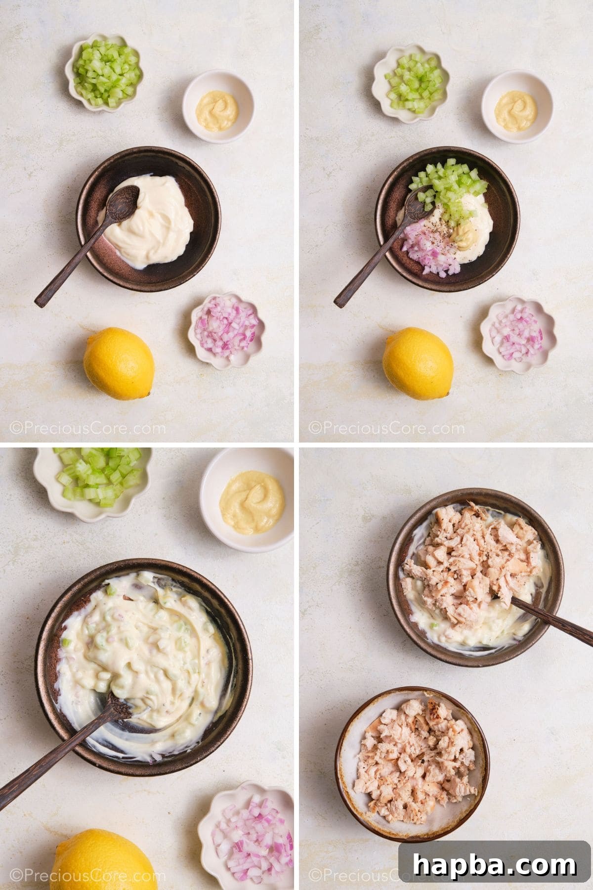 Classic Creamy Chicken Sandwich 10 Combining mayonnaise, Dijon mustard, lemon juice, diced celery, and red onion in a bowl to create the creamy dressing.
