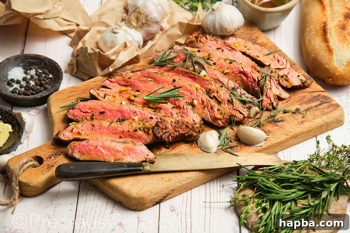 Beautifully sliced homemade seared steak with a perfect pink center, garnished and ready to be served.
