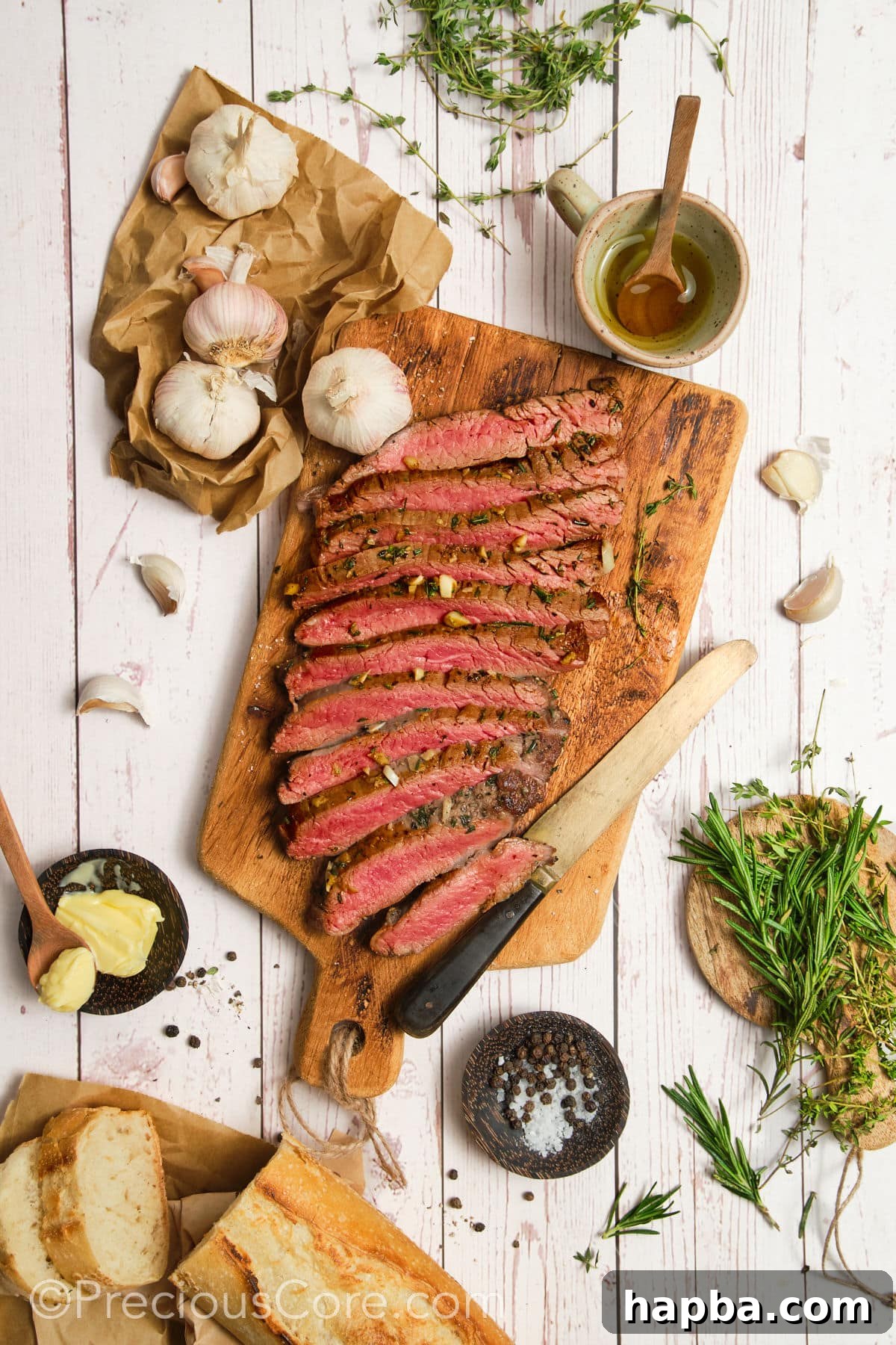 Flank steak expertly cut against the grain, displaying its tender texture and perfectly cooked interior.