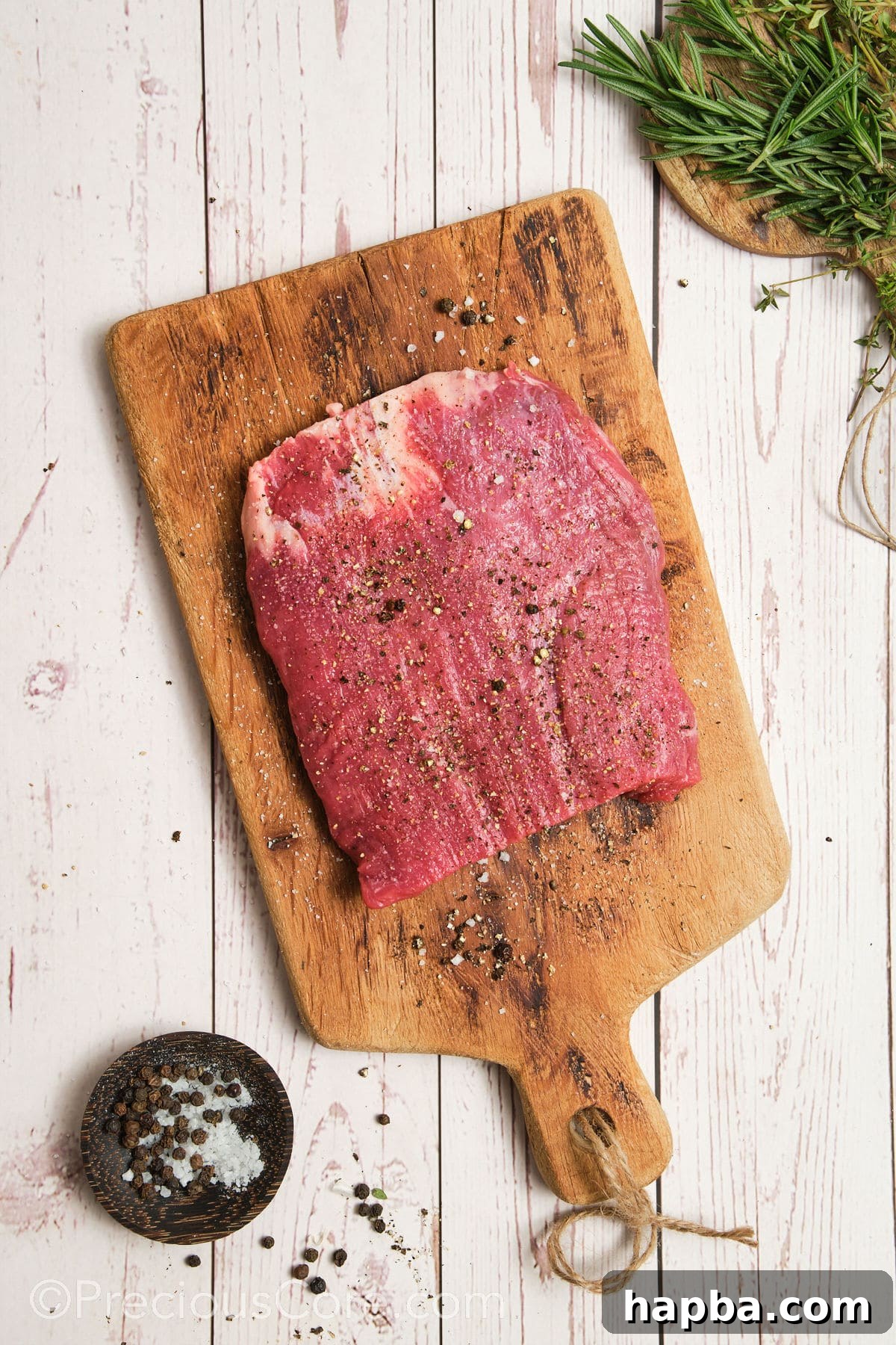 A flank steak being generously seasoned with salt and freshly ground black pepper on both sides, preparing it for searing.