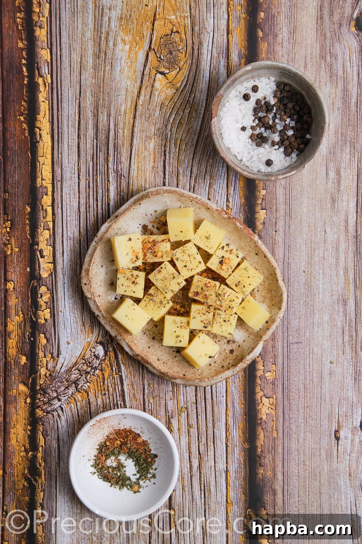 Seasoned cheese cubes on a plate.