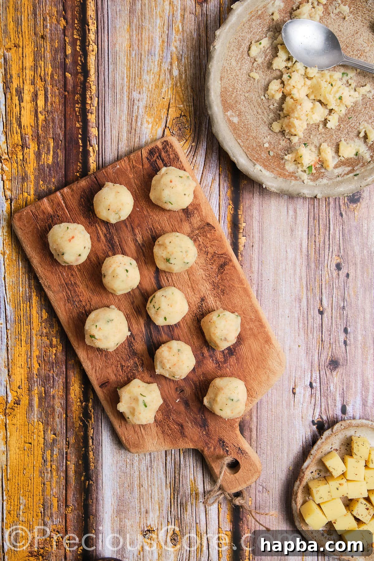 Potato balls formed out of mashed potatoes.