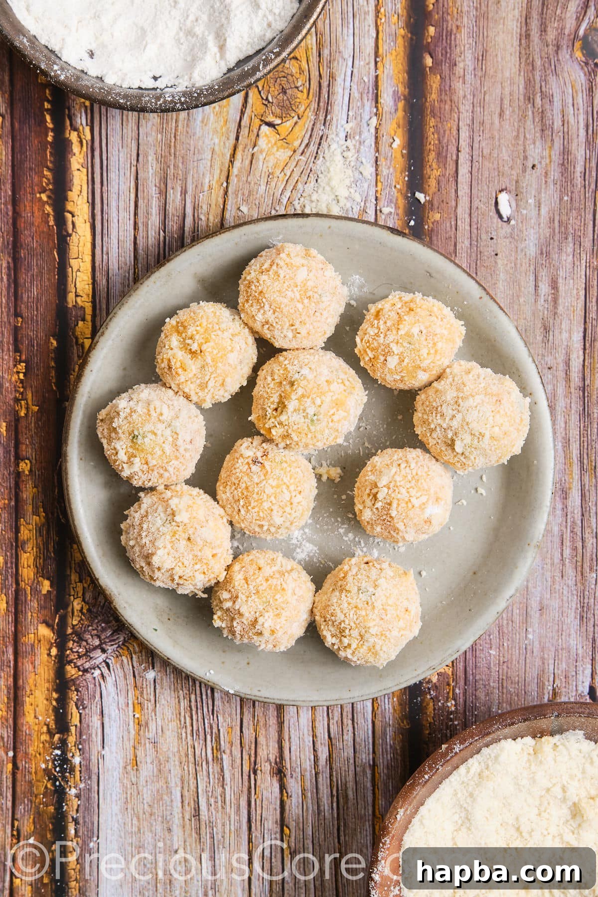 Completed coated potato cheese balls.