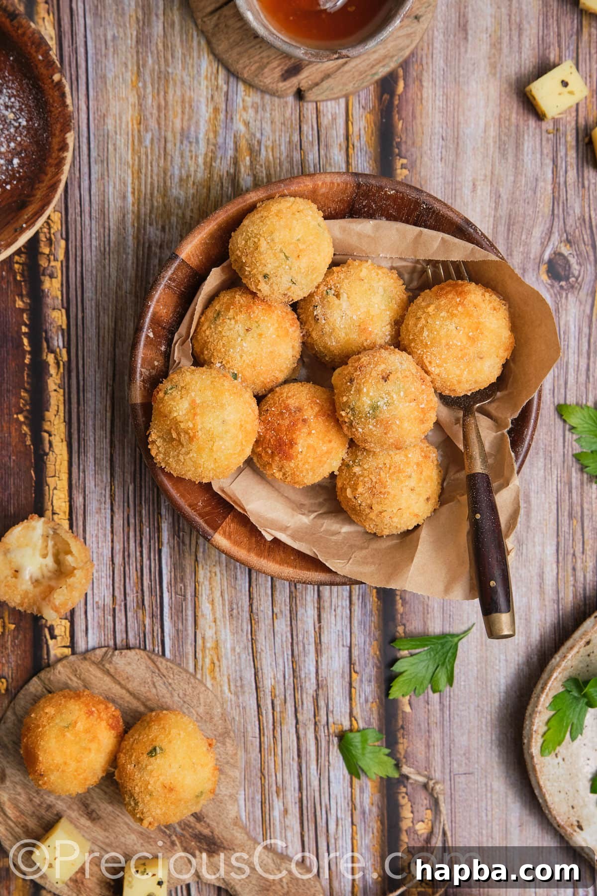 Golden brown balls of fried mashed potatoes.
