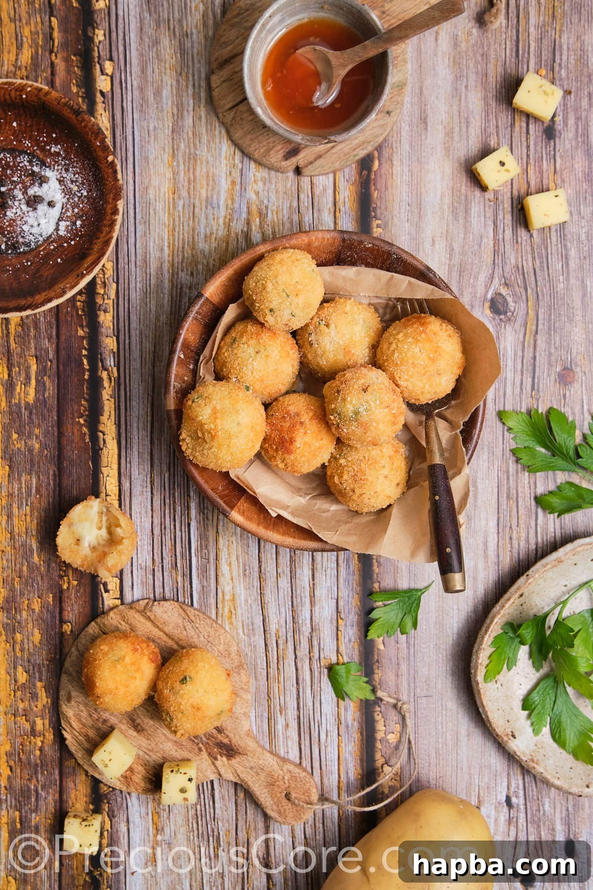 Potato balls served with a glossy sauce.