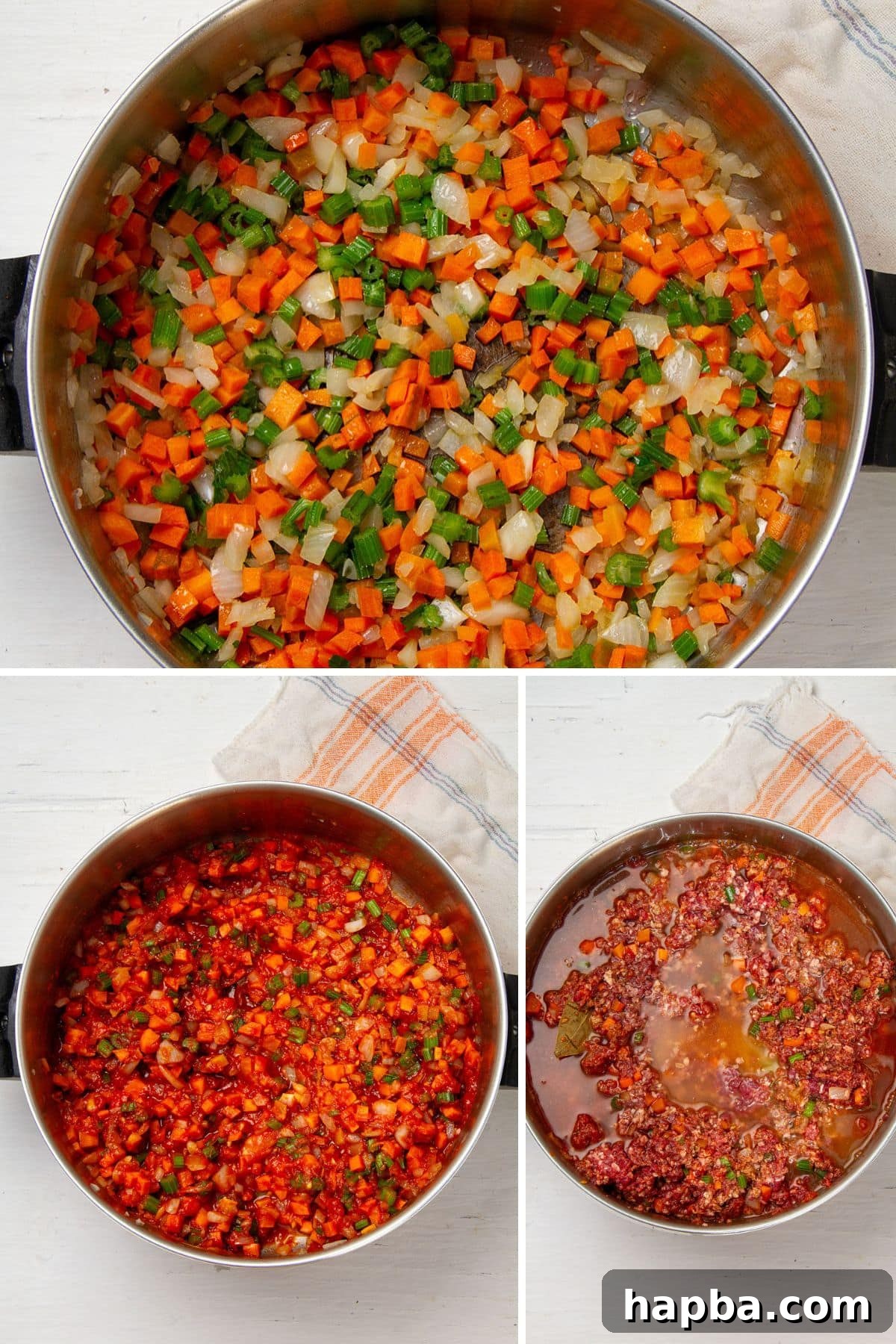 Creamy Béchamel Lasagna 11 A three-panel collage showing the step-by-step process of making Bolognese sauce: sautéing vegetables, browning ground beef, and simmering the sauce.