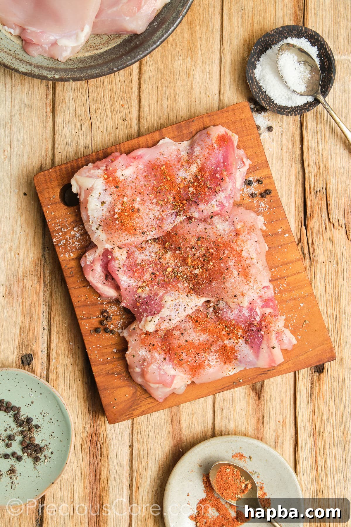 Seasoning chicken thighs with dried spices.