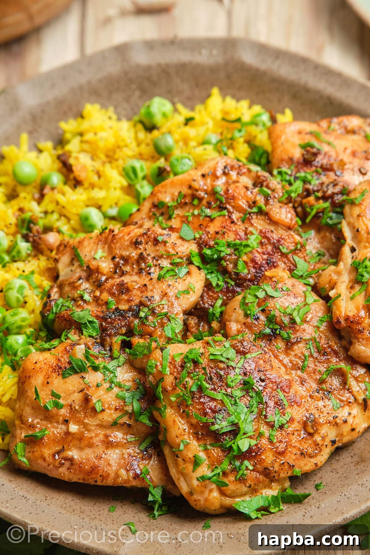 Close-up of pan-seared boneless chicken thighs.