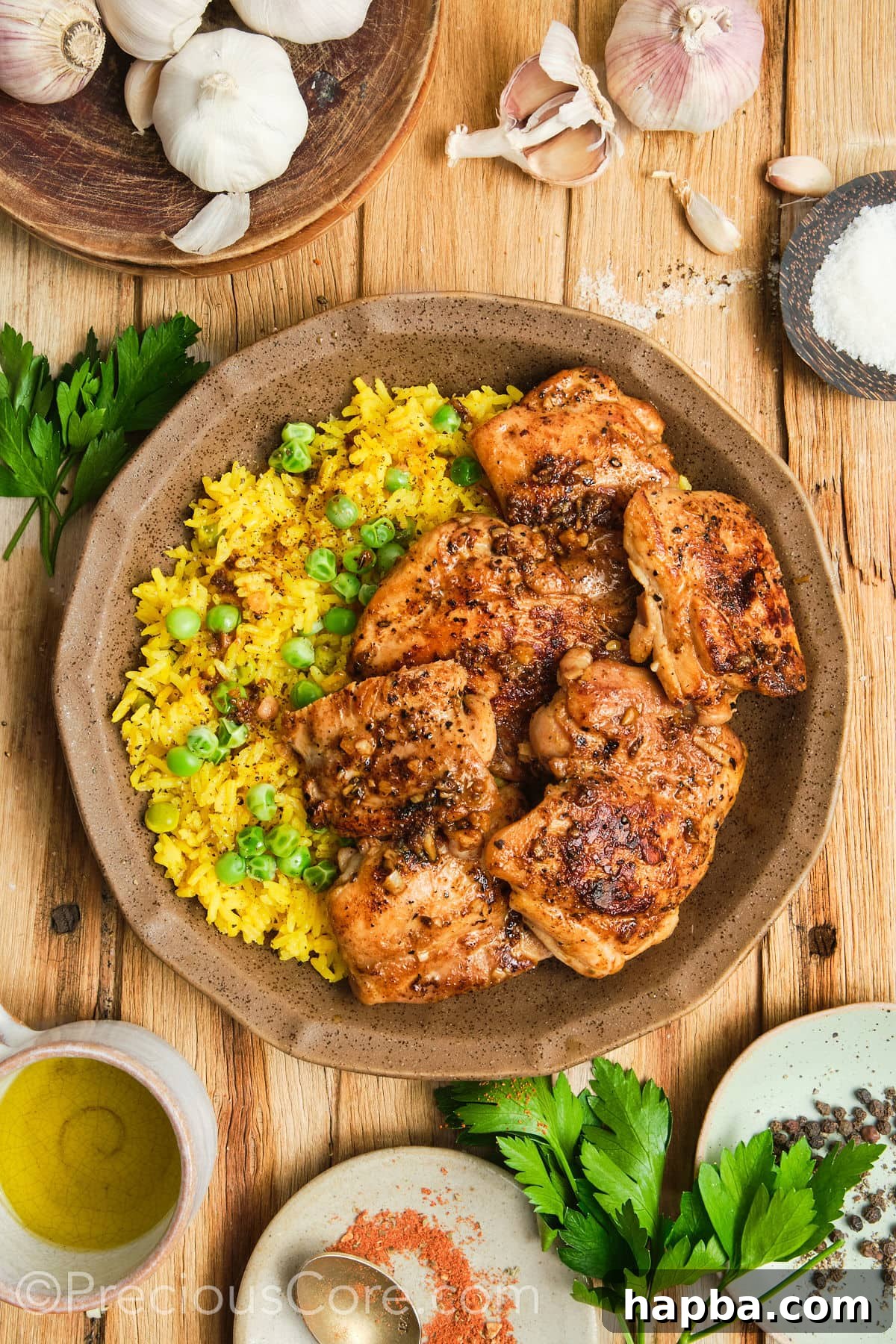 Glistening golden chicken thighs in a bowl with rice.