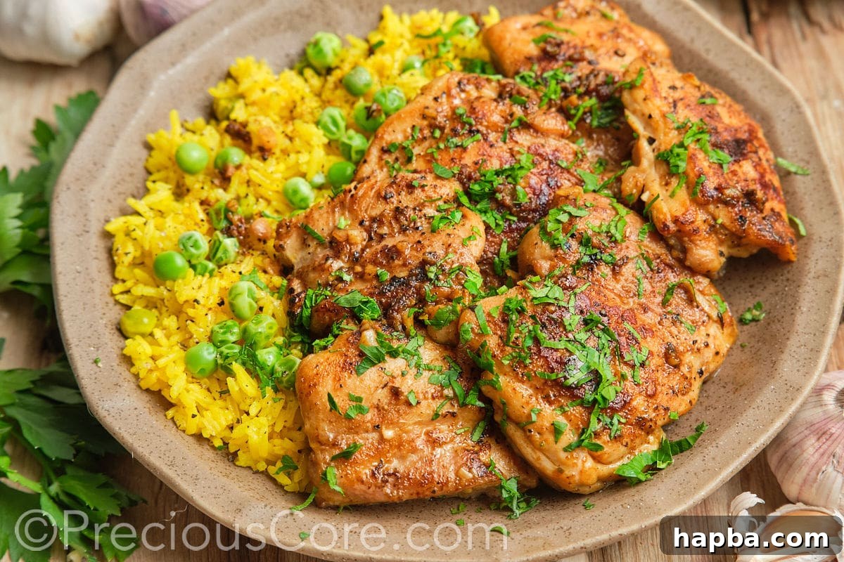 Landscape image of pan-seared boneless chicken thighs.