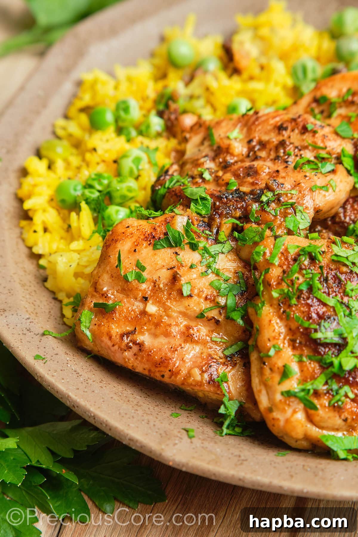 Boneless skinless chicken thighs garnished with parsley.