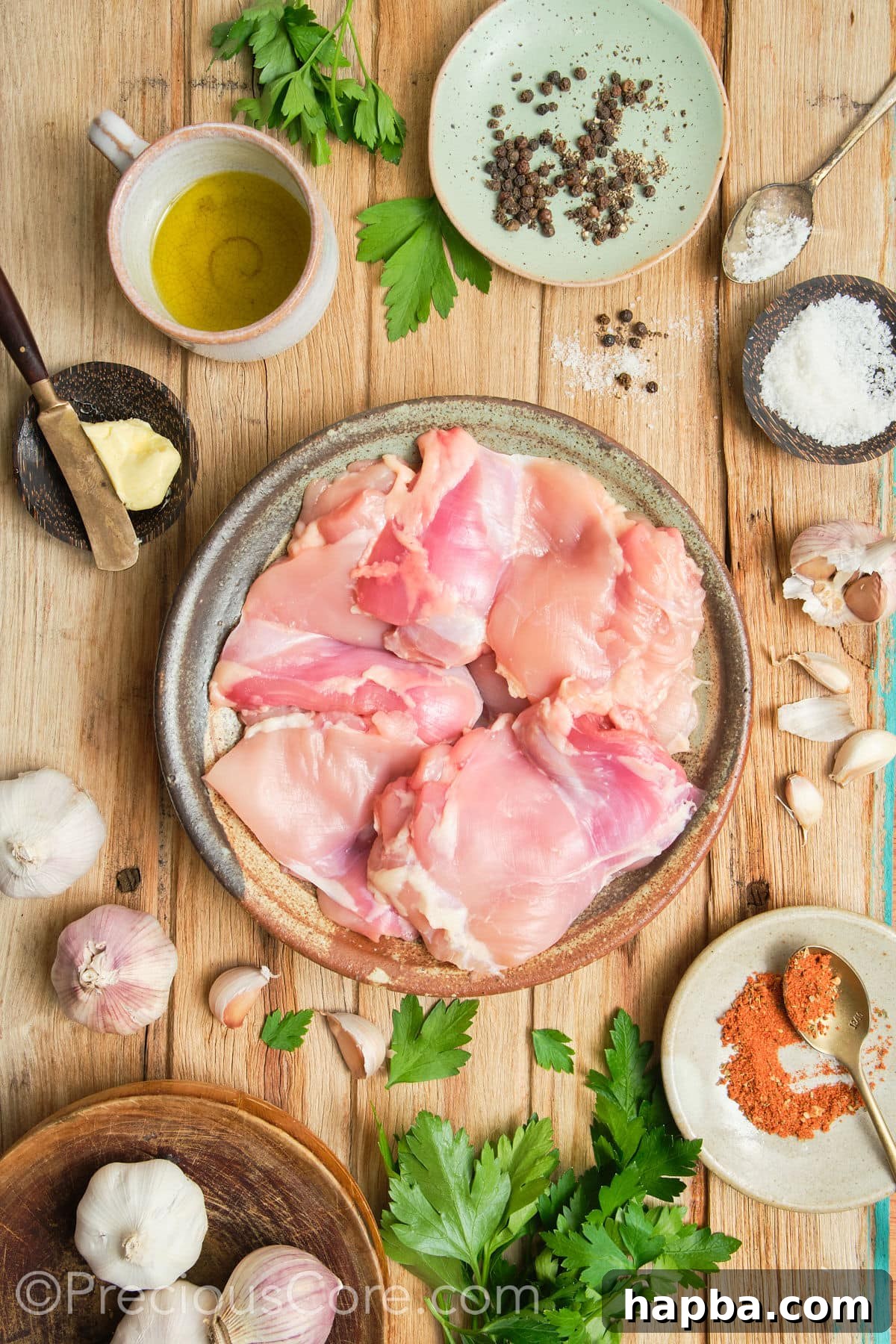 Ingredients for Pan Seared Boneless Chicken Thighs.