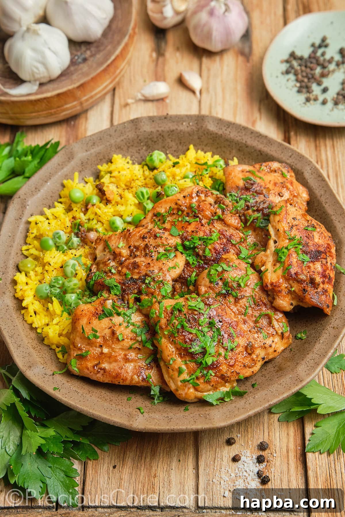 Seared chicken thighs with yellow rice.