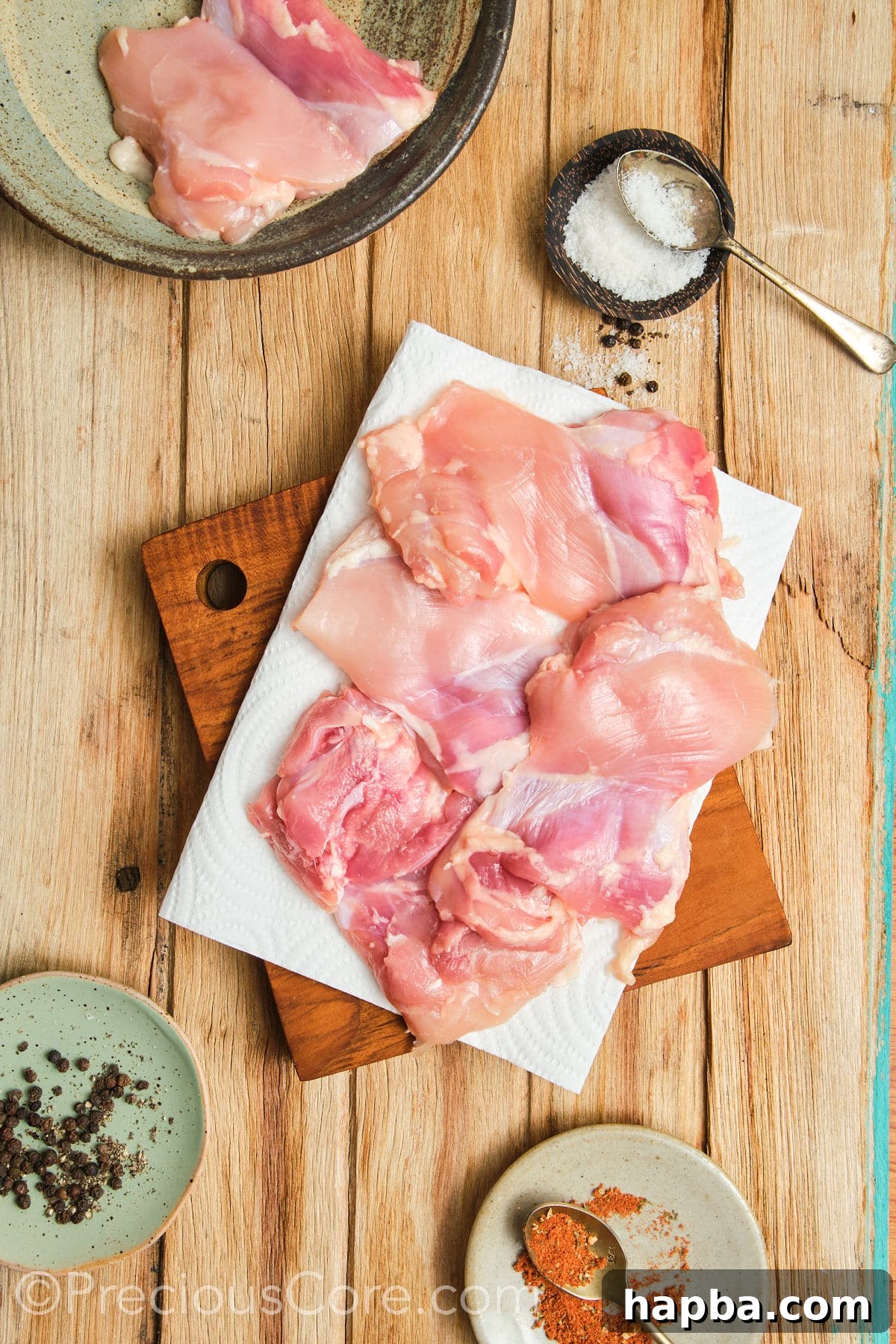 Patting chicken thighs dry with paper towels.