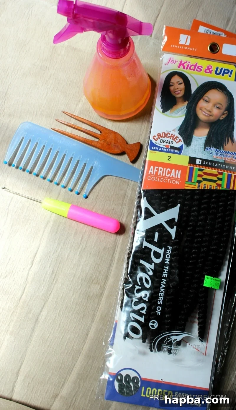 Crochet braid hair packs, crochet hook, and combs