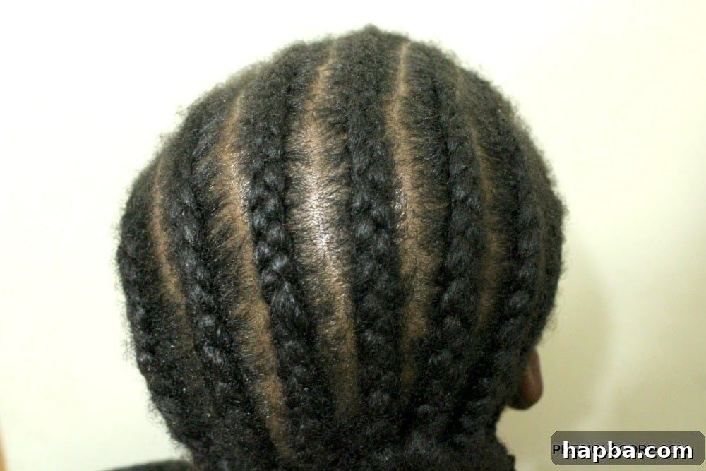 Finished cornrow base for crochet braids, showing braids connected at the nape