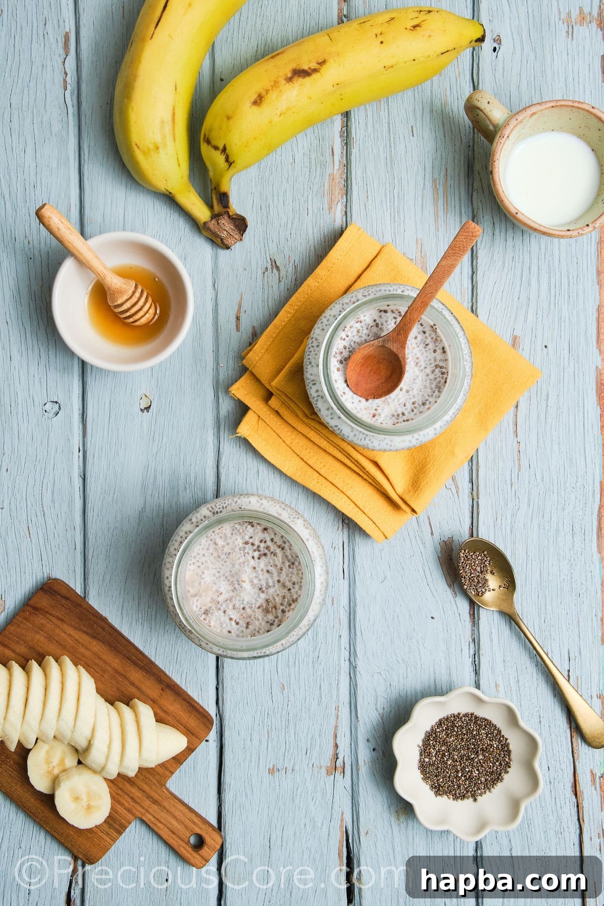 A jar of chia pudding after chilling, showing the liquid fully absorbed and the pudding set.