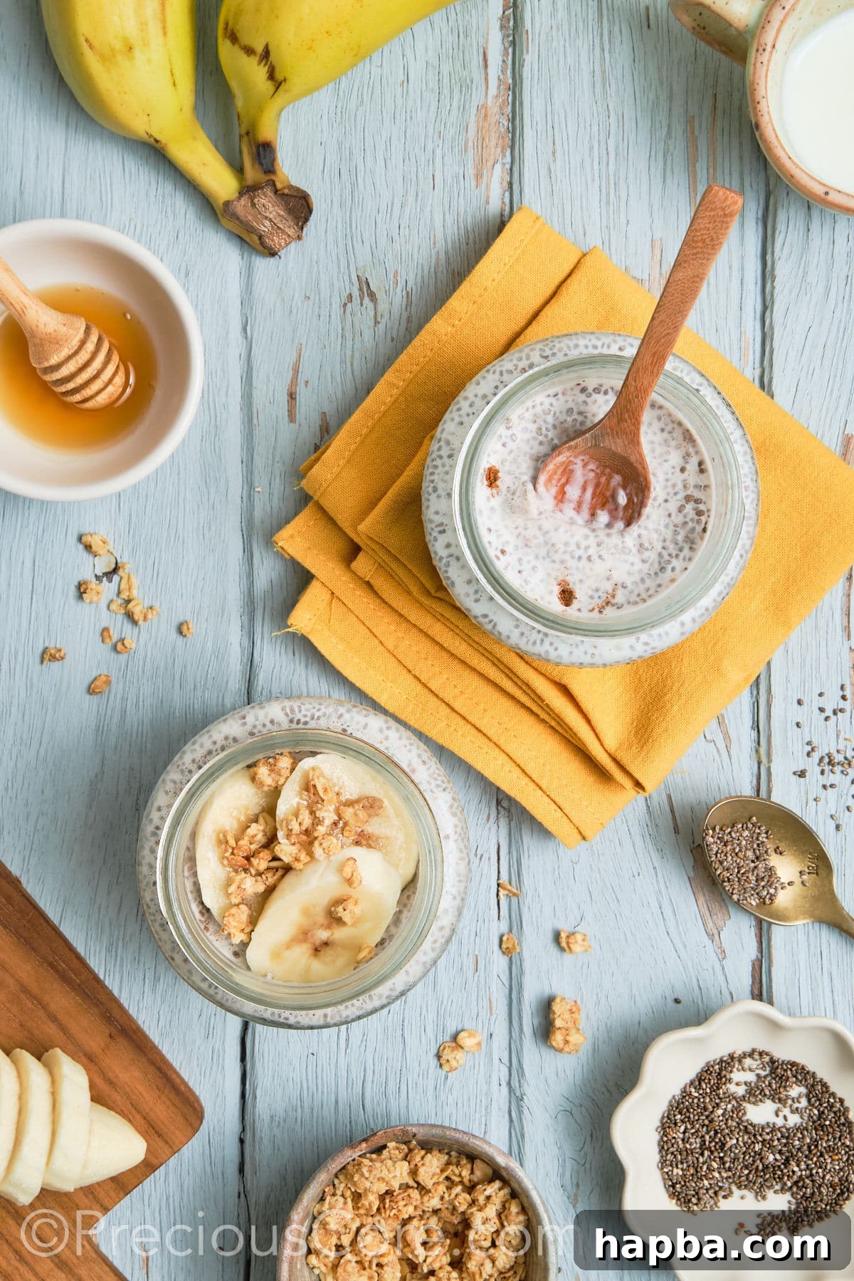Close-up view of a perfectly set banana chia pudding, showing its smooth and inviting texture.