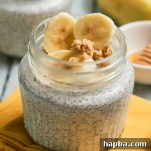 Close-up of a jar of banana chia pudding.