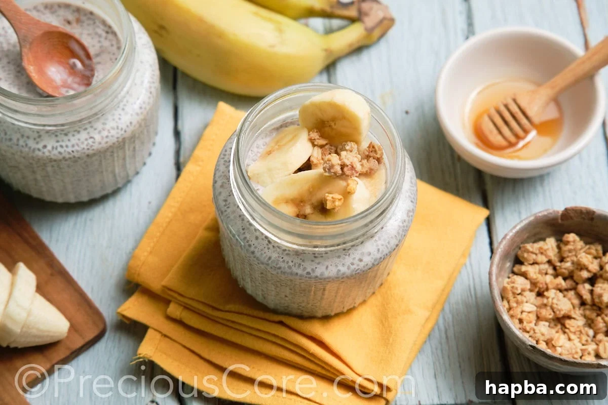 A single glass jar of banana chia seed pudding, highlighting its rich texture and inviting color.