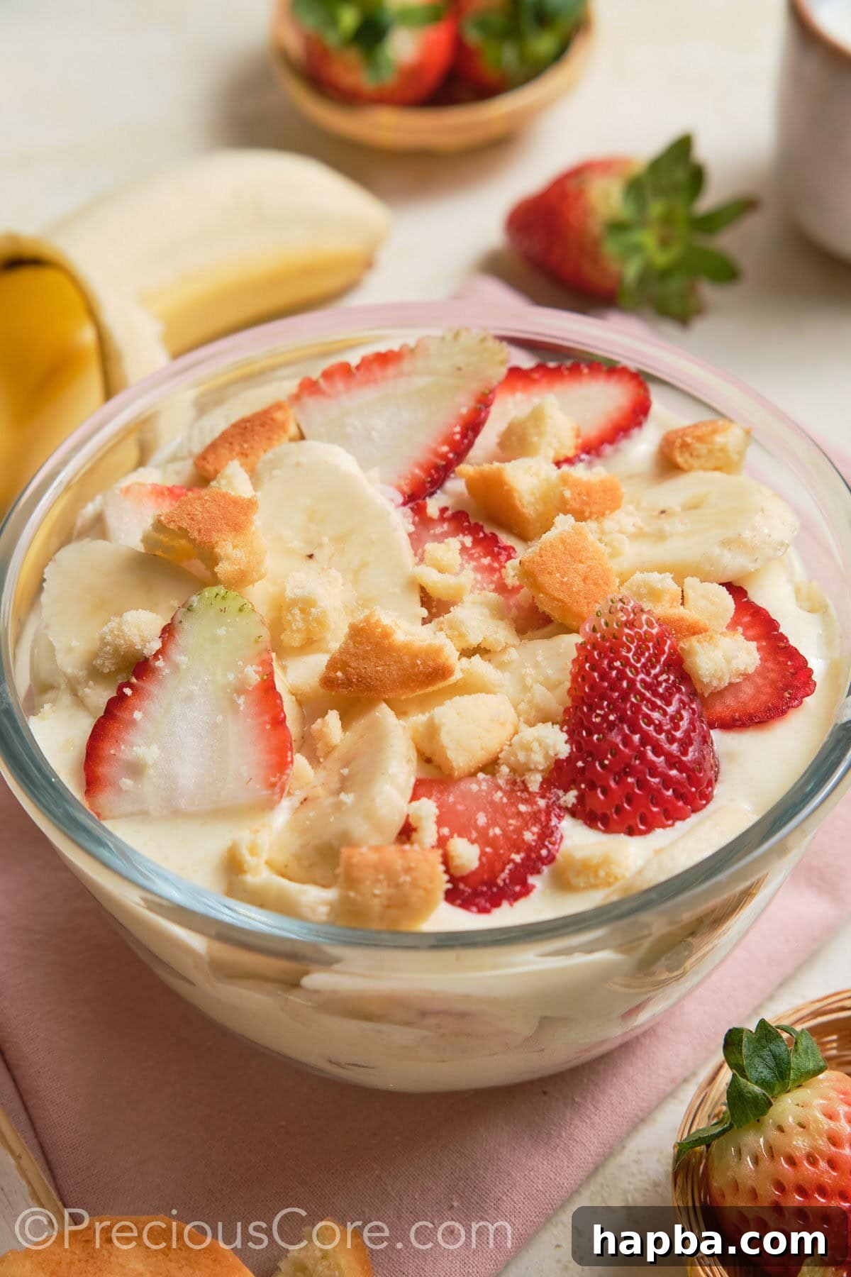 Strawberry Banana Pudding in a trifle dish.
