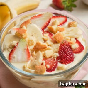 Strawberry Banana Pudding in a trifle dish.