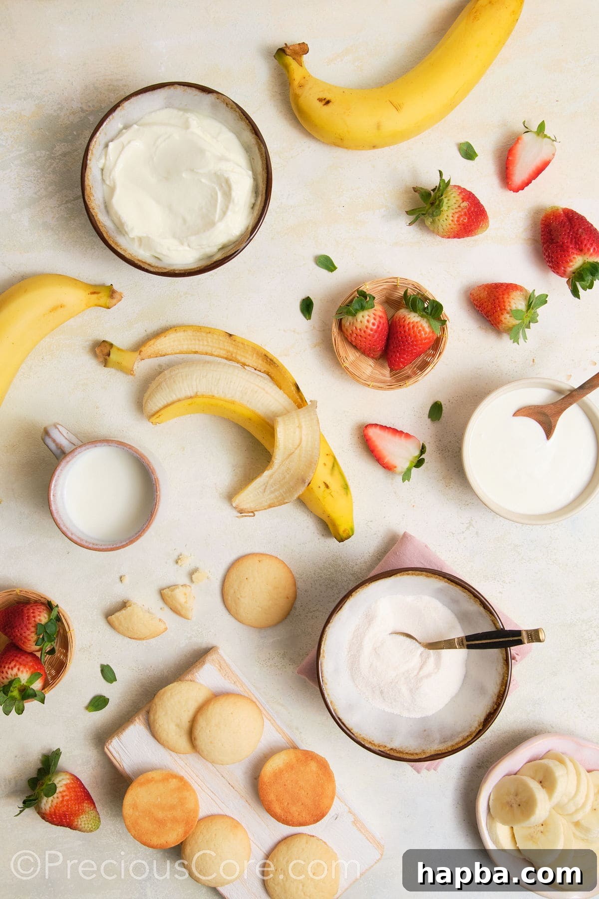 Ingredients for strawberry banana pudding.