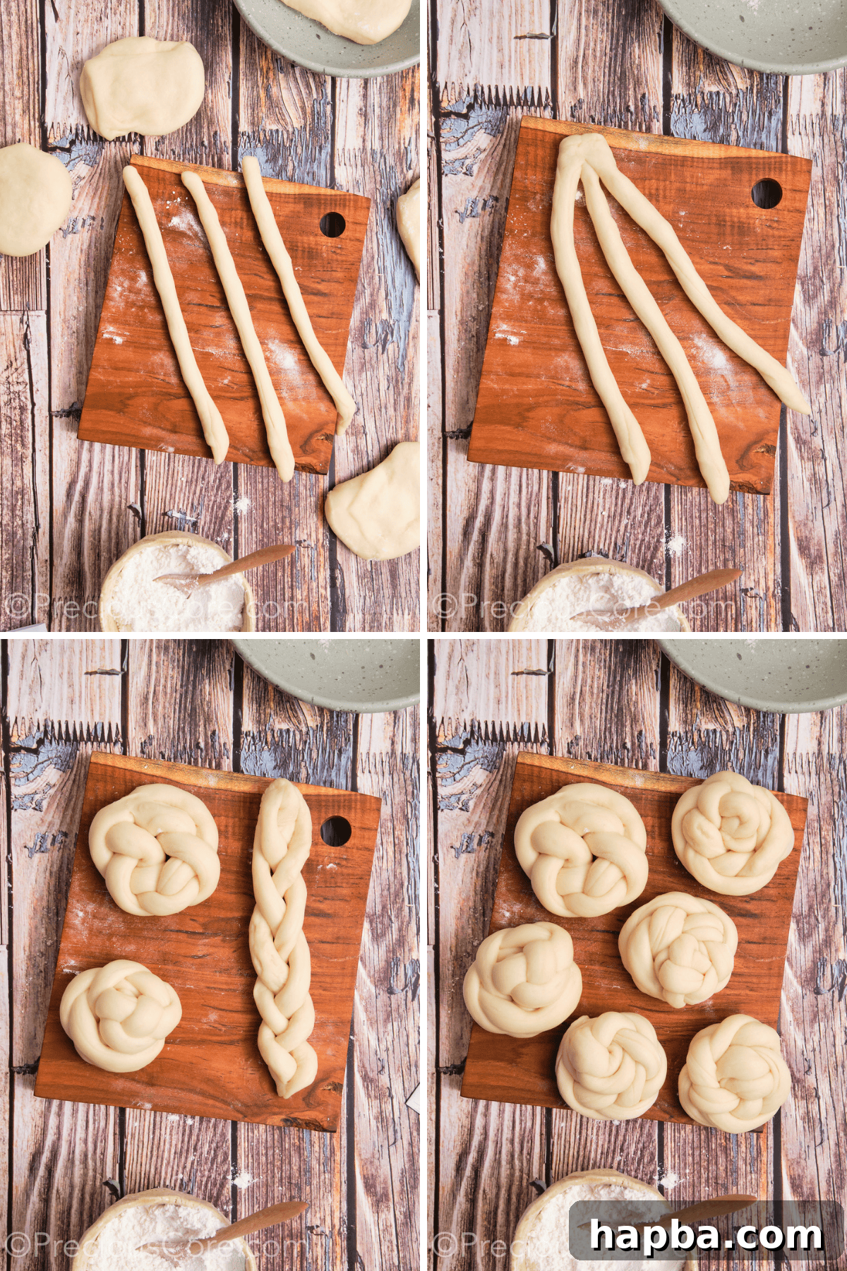 Golden Challah Dinner Buns 11 Detailed step-by-step photos of shaping challah dough into intricate braided knots.