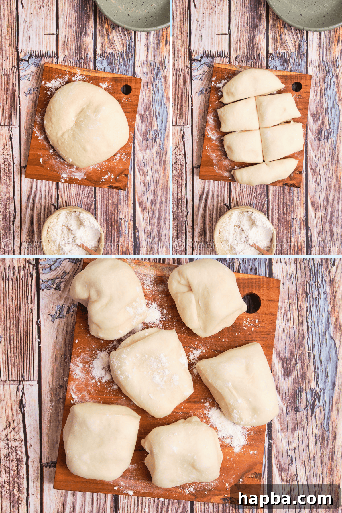 Golden Challah Dinner Buns 10 Hands precisely cutting challah dough into equal portions using a bench scraper.