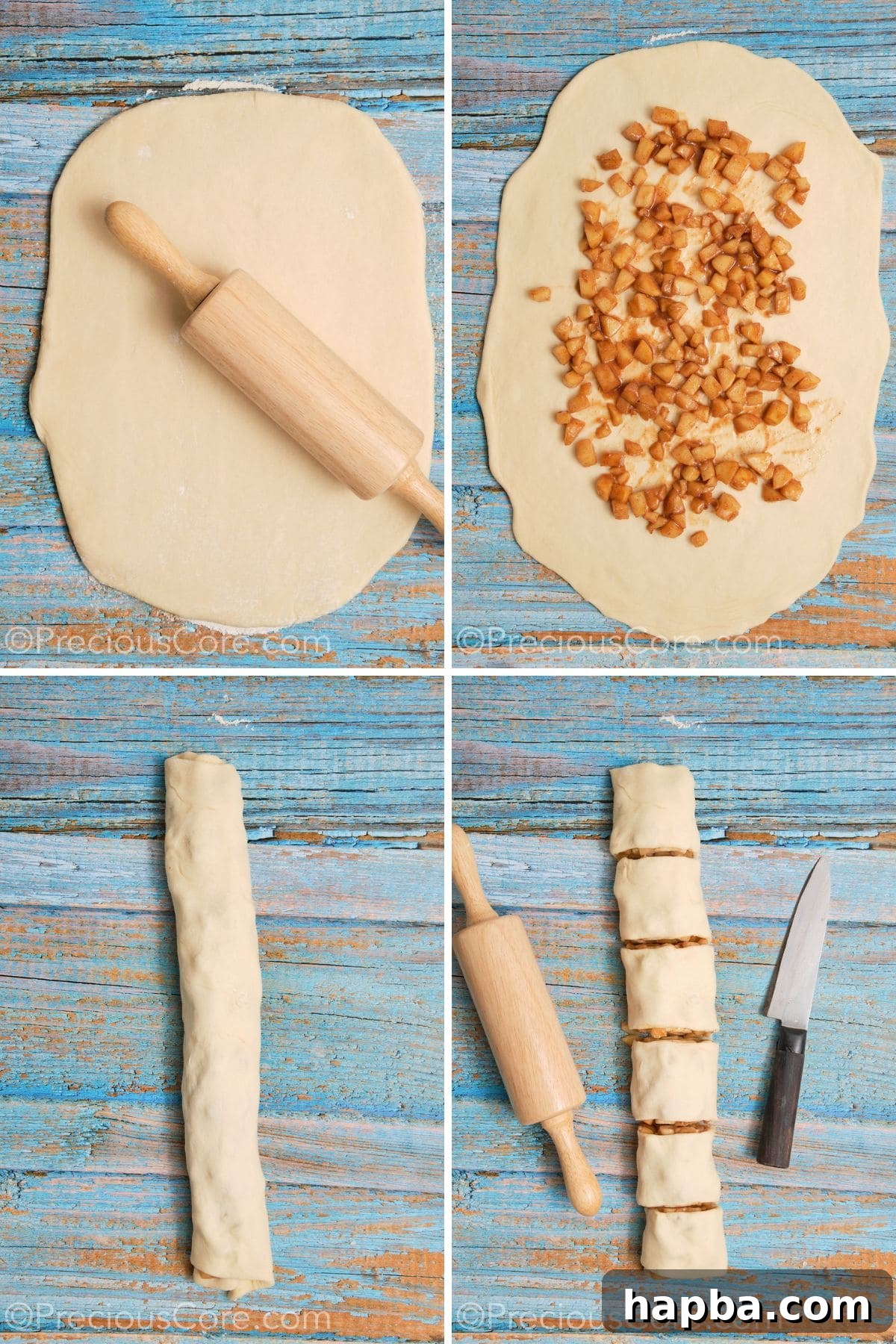 Step-by-step images illustrating the process of rolling out dough, spreading apple filling, rolling it into a log, and finally cutting into individual cinnamon rolls.