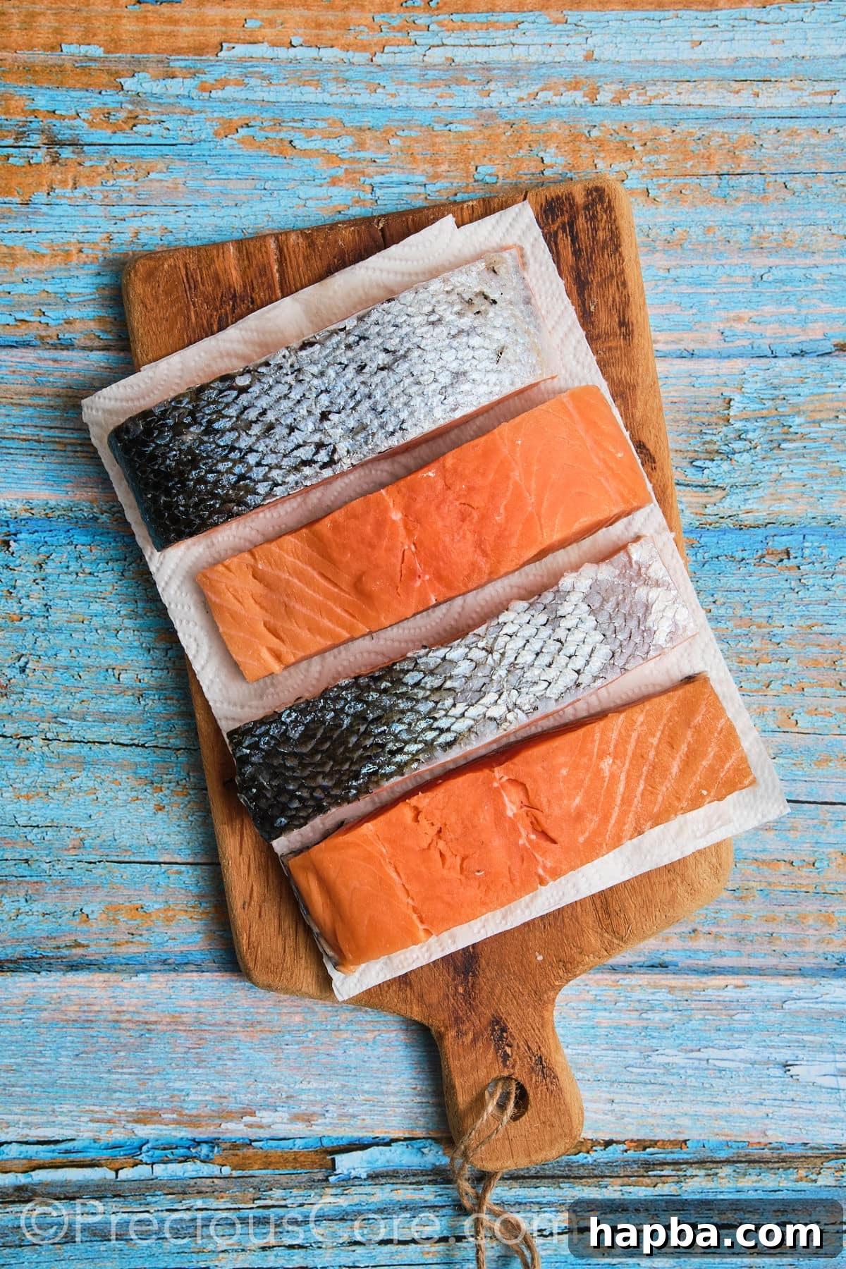 Chef's hand patting salmon dry with paper towels on a cutting board.