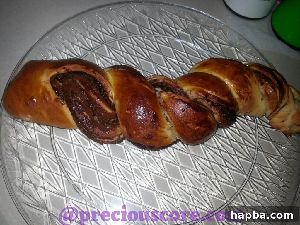 Foolproof Chocolate Bread Perfection 3 Close-up of the braided Nutella bread, showcasing the intricate twist and golden crust.
