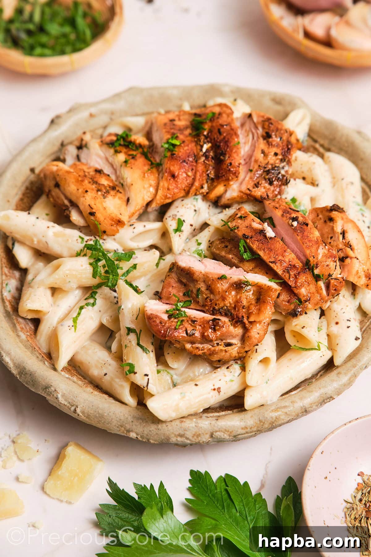 Velvety One-Pan Chicken Pasta 2 Creamy pasta in a bowl, topped with pan-seared chicken.