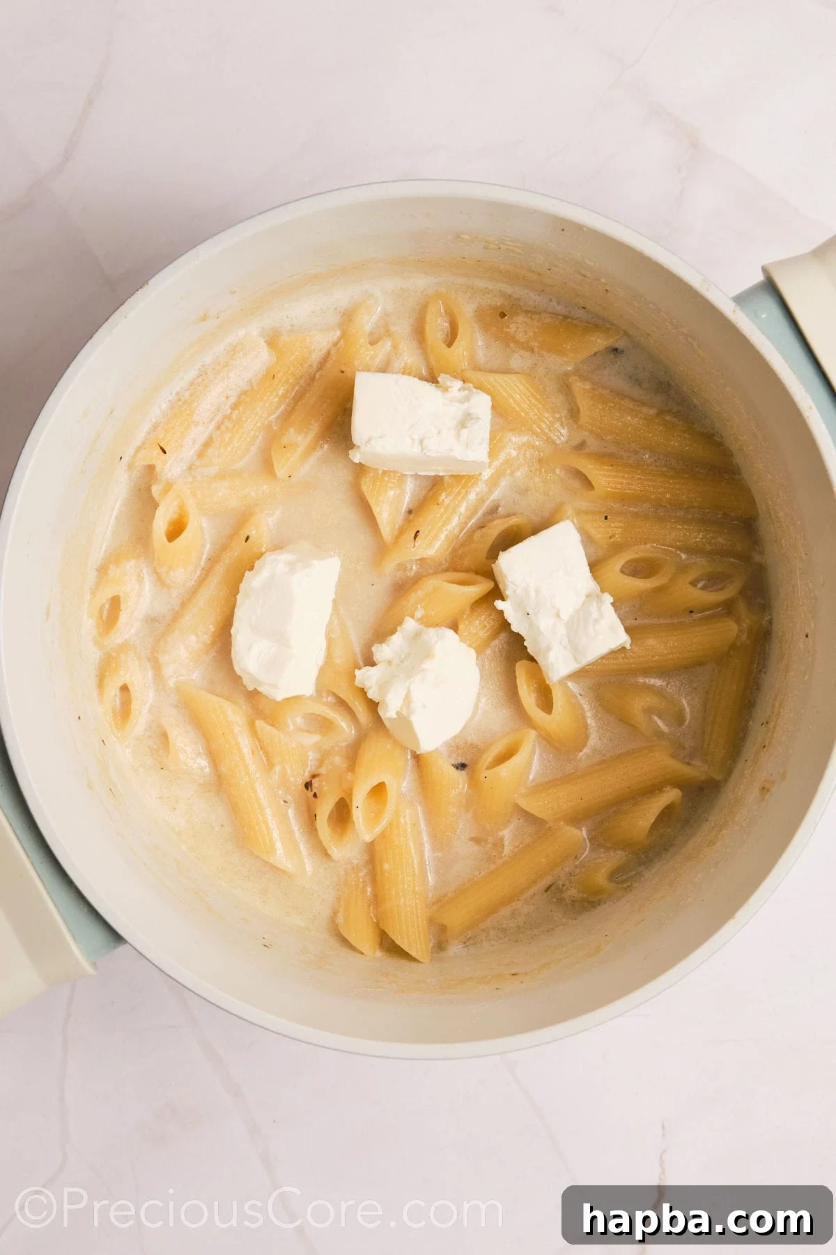 Velvety One-Pan Chicken Pasta 14 Cream cheese added to pasta.