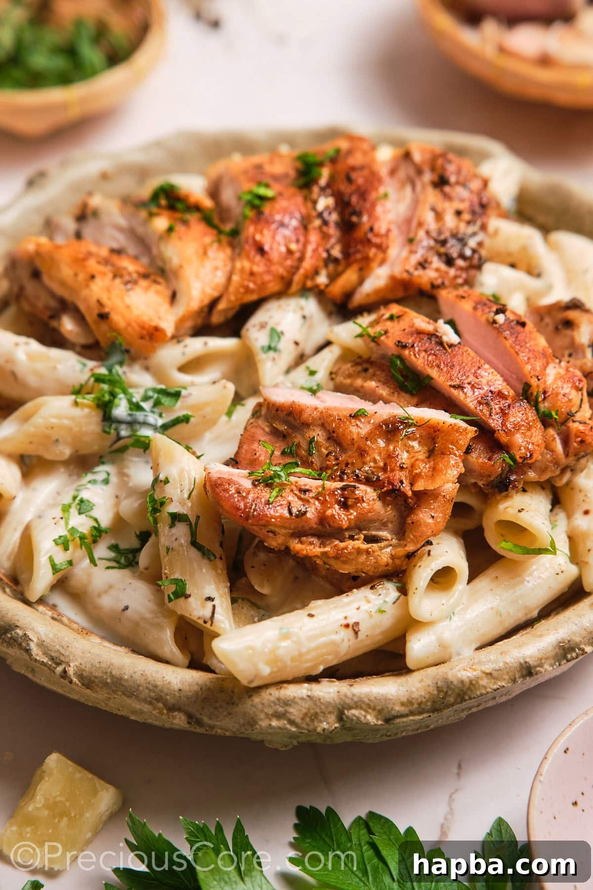 Velvety One-Pan Chicken Pasta 3 One pot creamy pasta chicken in a bowl.