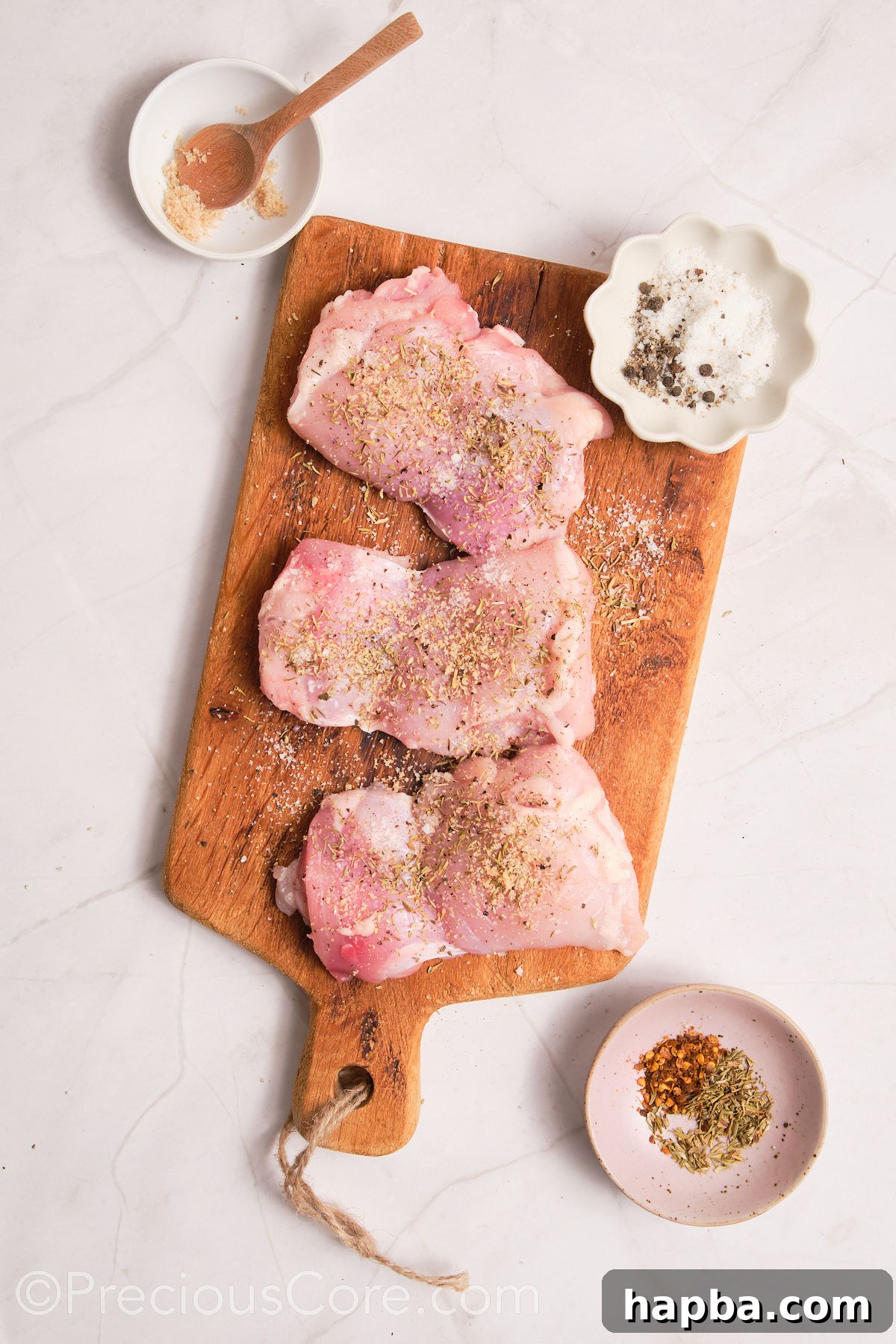 Velvety One-Pan Chicken Pasta 7 Seasoning chicken on a chopping board.