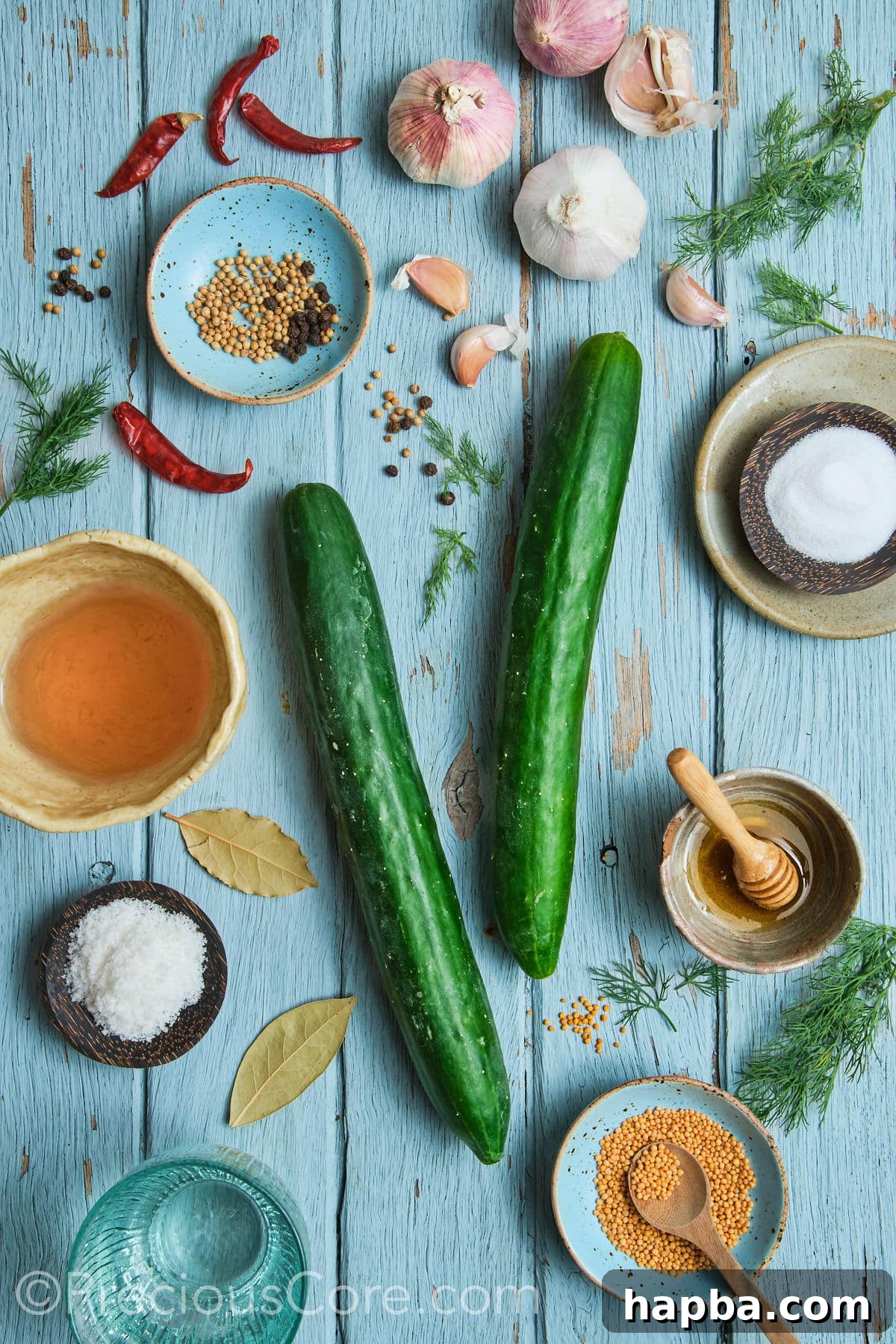 Speedy Zesty Pickles 4 Quick pickled cucumbers ingredients on a blue board.