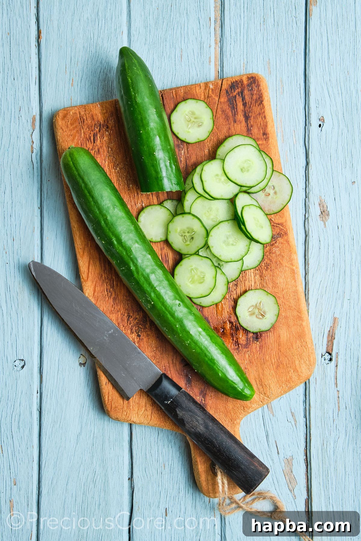 Speedy Zesty Pickles 7 Slicing cucumbers on a cutting board into rounds.