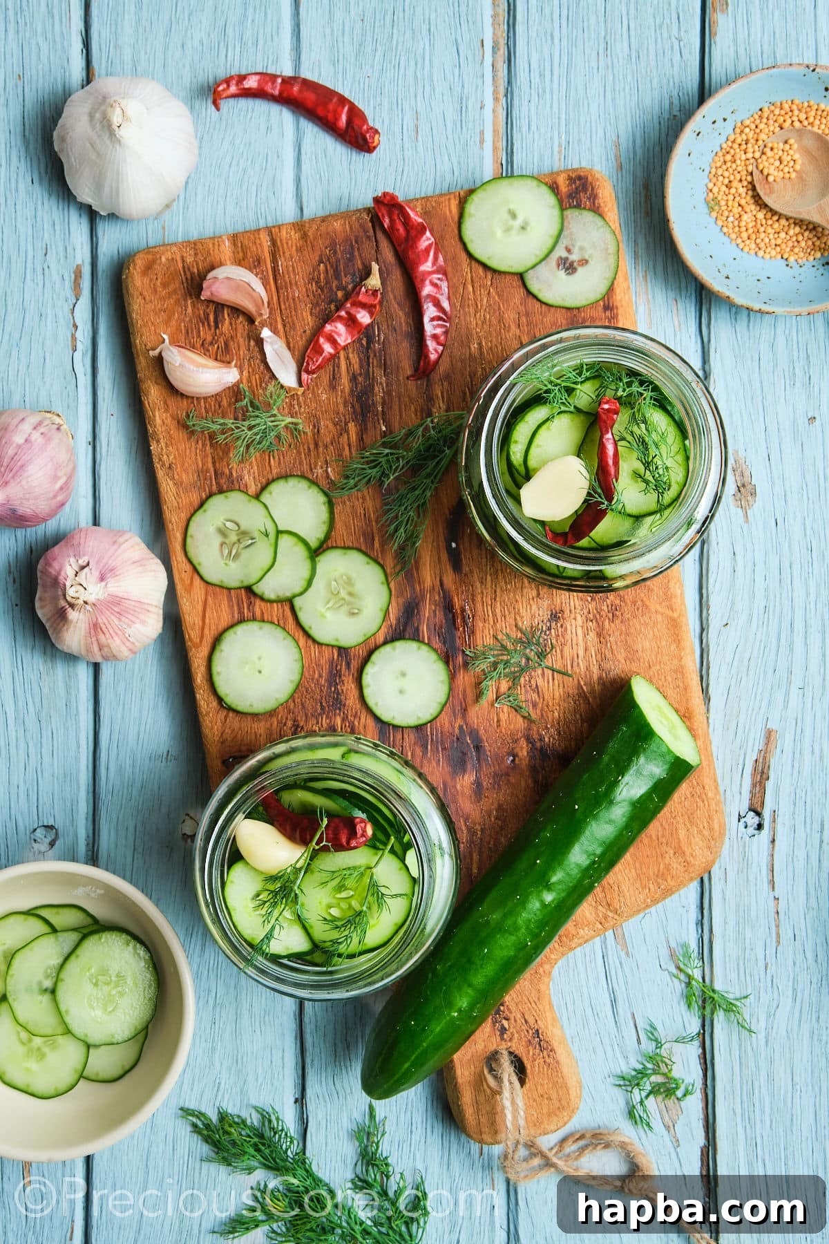 Speedy Zesty Pickles 9 Sterilized jars with cucumber slices and other ingredients.
