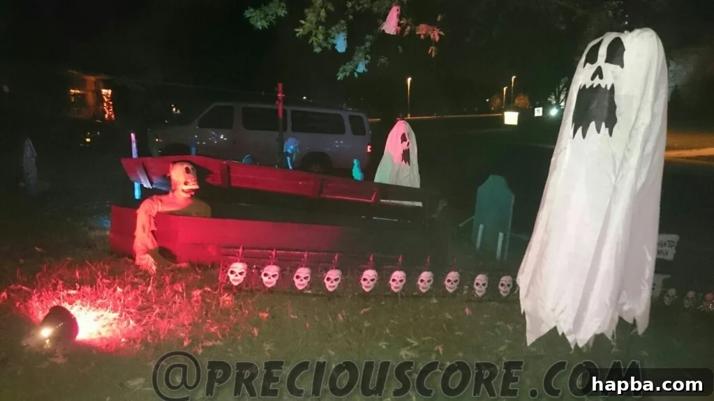Spooky Photo Roundup 8 An elaborate Halloween yard display with multiple characters, lights, and effects.
