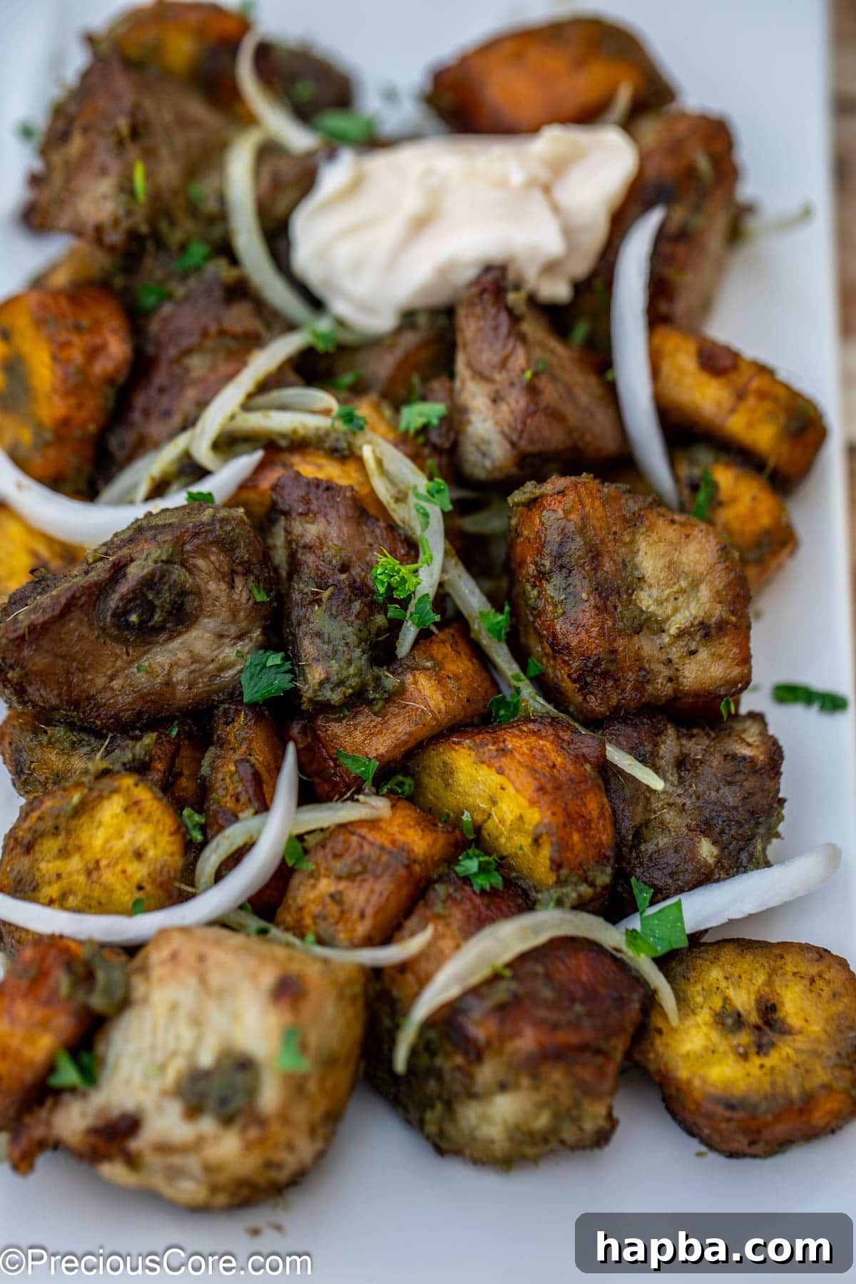 Close-up of finished meat and plantain dish.